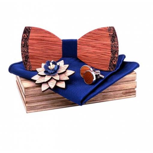 Foto - Set dřevěného motýlku, manžetových knoflíčků, kapesníčku a brože - S decentním ozdobným okrajem