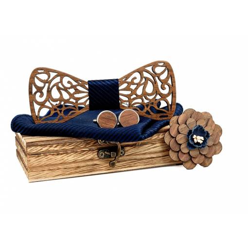 Foto - Set dřevěného motýlku, kapesníčku, brože a manžetových knoflíčků - Vyřezávané listy, modrý