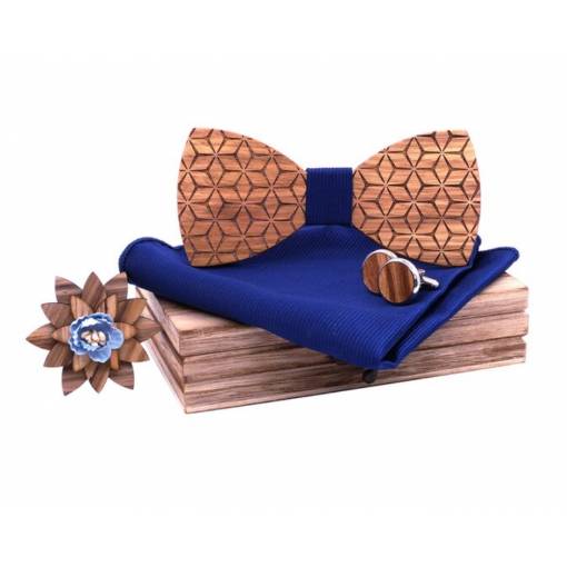 Foto - Set dřevěného motýlku, kapesníčku a manžetových knoflíčků - Trojrozměrný, modrý