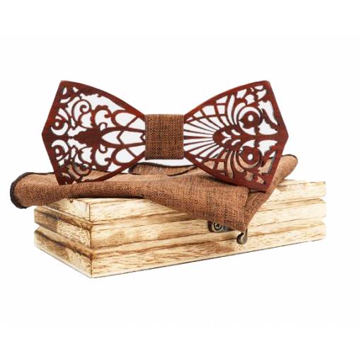 Foto - Set dřevěného motýlku a kapesníčku - Zdobený, hnědý