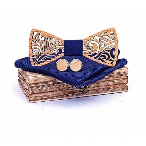 Foto - Set dřevěného motýlku, manžetových knoflíčků a kapesníčku - Tmavě modrý střed