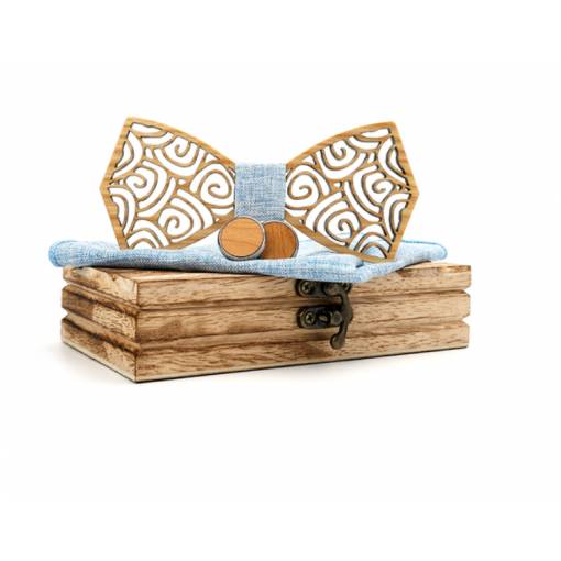 Foto - Set dřevěného motýlku, manžetových knoflíčků a kapesníčku - Vyřezávaná spirála, světle hnědá