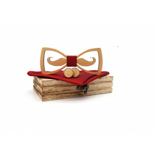 Foto - Set dřevěného motýlku, kapesníčku a manžetových knoflíčků - Knír světlý, červený