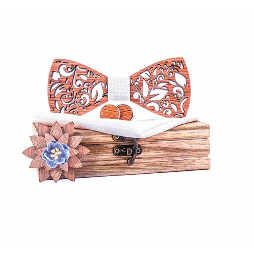 Foto - Set dřevěného motýlku, kapesníčku, manžetových knoflíčků a brože - Vyřezávané listy, bílý