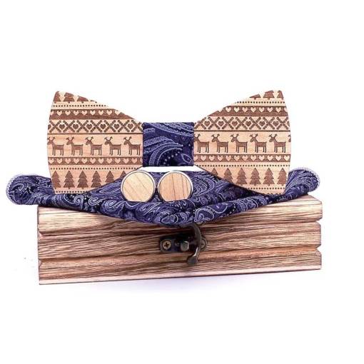 Foto - Set dřevěného motýlku, manžetových knoflíčků a kapesníčku - Vánoční, Modro bílý