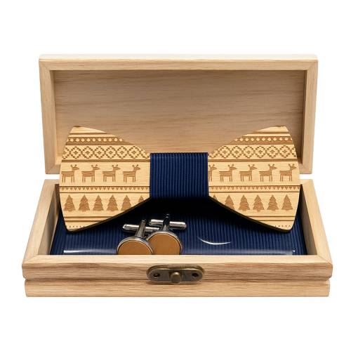 Foto - Set dřevěného motýlku, manžetových knoflíčků a kapesníčku - Vánoční, modrý