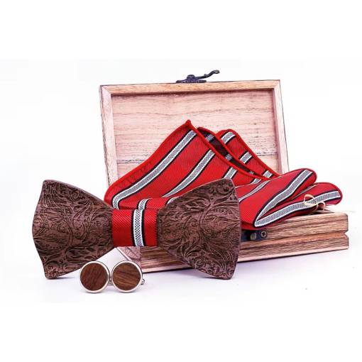 Foto - Set dřevěného motýlku, manžetových knoflíčků a kapesníčku - 3D s proužkem