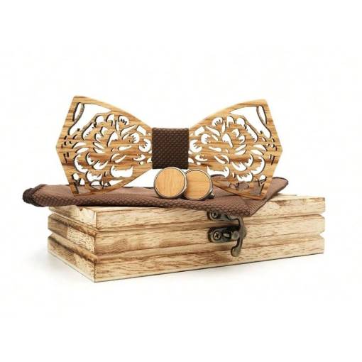 Foto - Set dřevěného motýlku, kapesníčku a manžetových knoflíčků - Květinový, hnědý