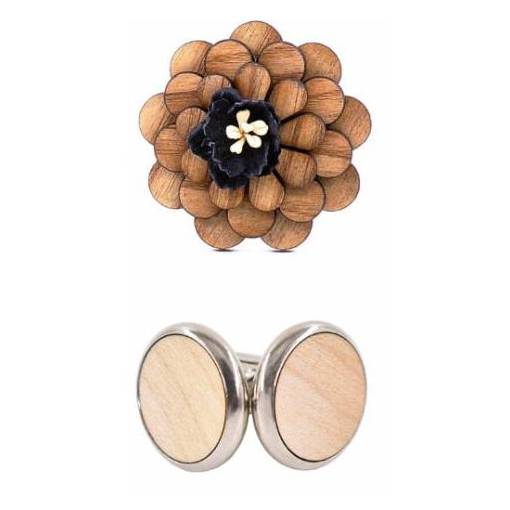 Foto - Set manžetových knoflíčků a brože - Květinová brož s černým středem