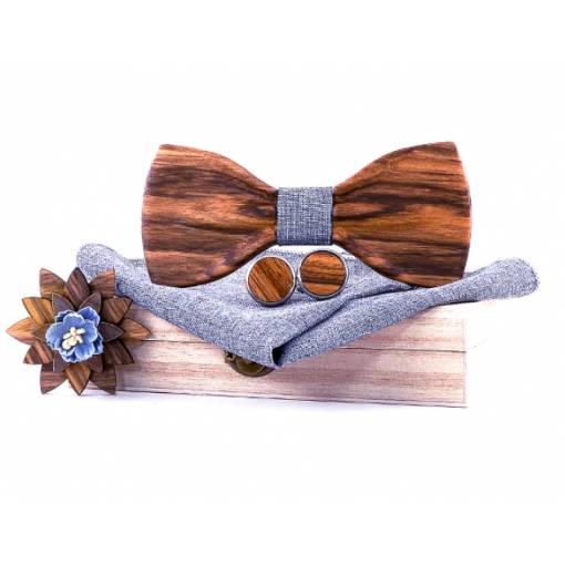 Foto - Set dřevěného motýlku, manžetových knoflíčků a brože - Luxusní, 3D