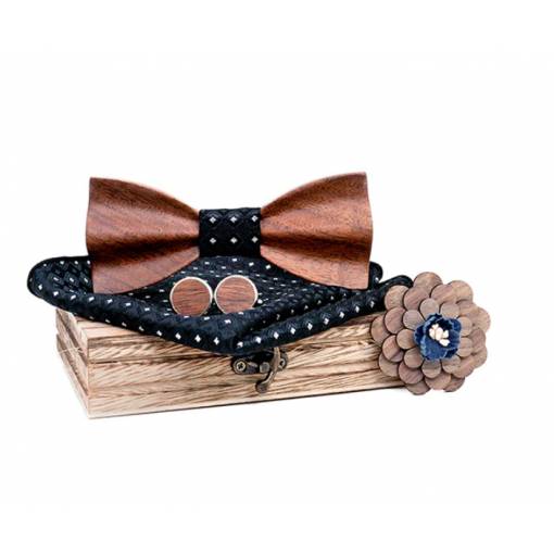 Foto - Set dřevěného motýlku, manžetových knoflíčků, kapesníčku a brože - 3D, tmavý styl