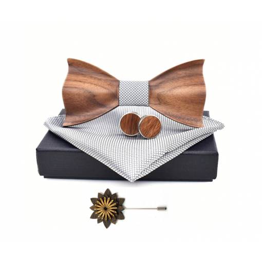 Foto - Set dřevěného motýlku, kapesníčku, manžetových knoflíčků a brože - Luxusní, stříbrný