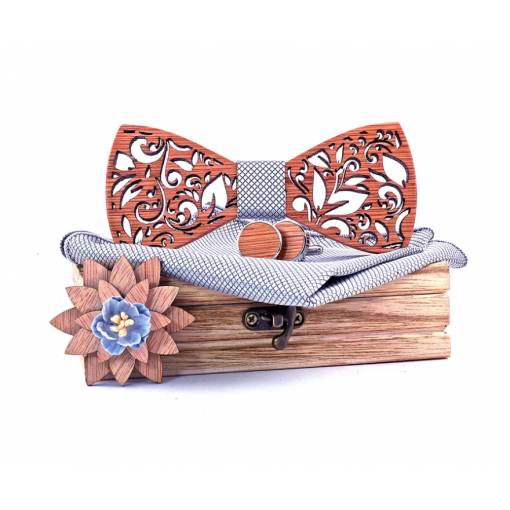 Foto - Set dřevěného motýlku, kapesníčku, brože a manžetových knoflíčků - Vyřezávané listy, stříbrný