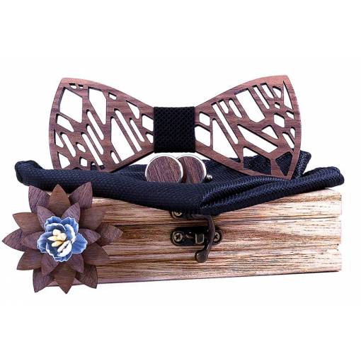 Foto - Set dřevěného motýlku, kapesníčku, manžetových knoflíčků a brože - Vyřezávaný, asymetrický